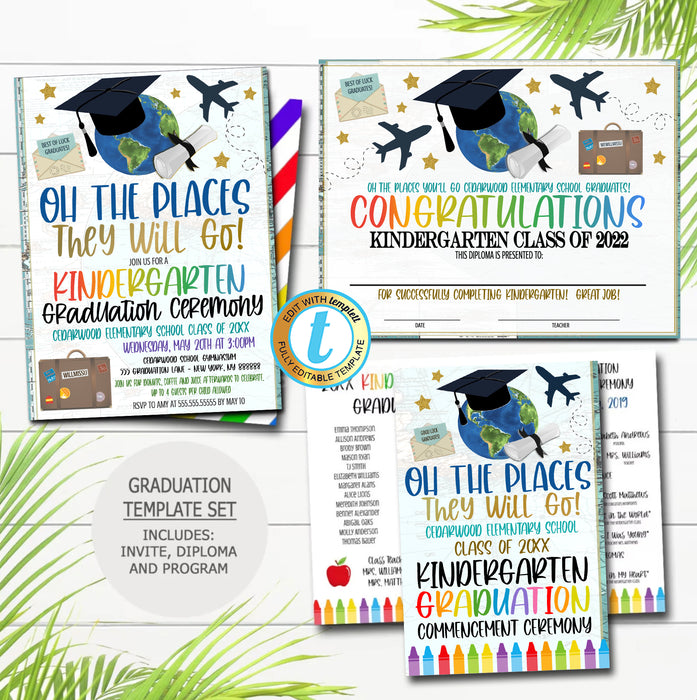 Oh The Places You'll Go World Travel Theme Graduation Ceremony Set, Certificate Diploma Invite and Program Templates, Any Grade EDITABLE TEMPLATE