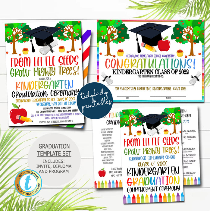 From Little Seeds Grow Mighty Trees Theme Graduation Ceremony Set, Certificate Diploma Invite and Program Templates, Any Grade EDITABLE TEMPLATE