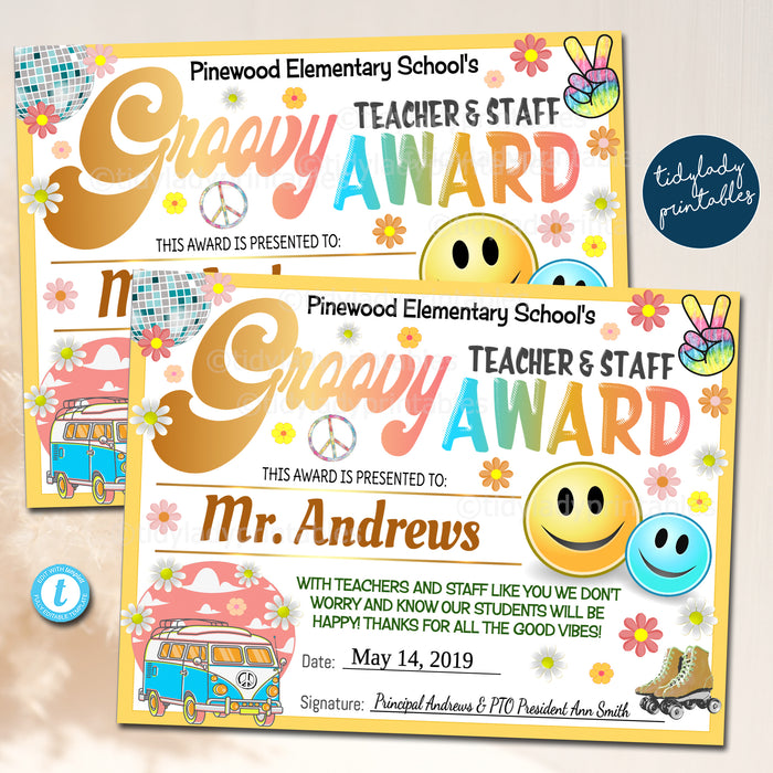 Groovy 60s 70s Retro Theme Teacher Appreciation Week Award Certificates
