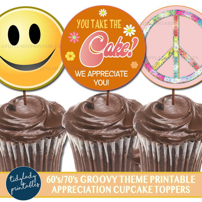 Retro 60s 70s Groovy Theme Teacher Appreciation Printable Cupcake Toppers