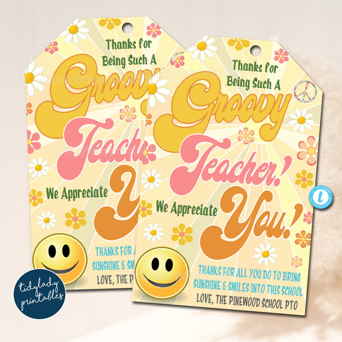 Retro Groovy Theme Printable Gift Tags, Staff Teacher Appreciation Thank You Idea