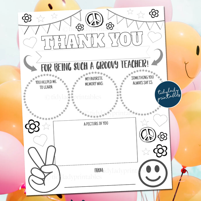 Retro Groovy 60s 70s Theme Teacher Appreciation Week All About My Teacher Worksheet, Thank You Coloring Page PRINTABLE
