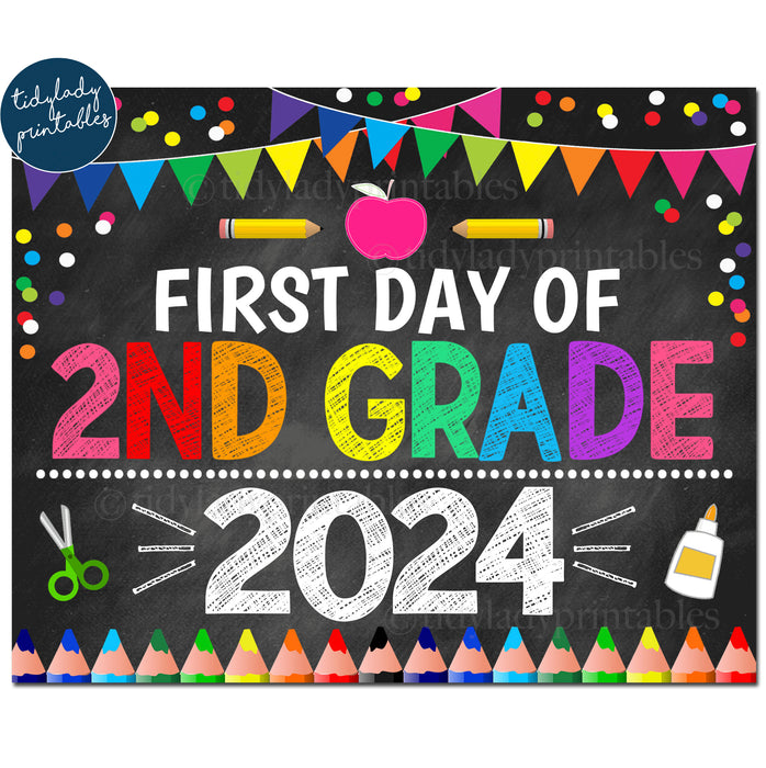 First Day of Second Grade 2024, Printable Back to School Chalkboard Sign, Rainbow Colors Girl Confetti, 2nd Grade Digital Instant Download