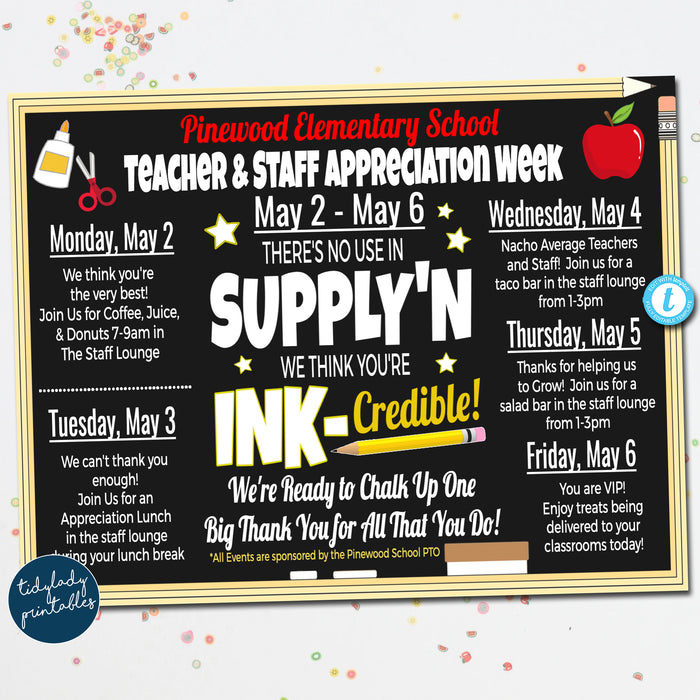Teacher and Staff Appreciation Week Can't Mask our Gratitude Itinerary Poster - Editable Template