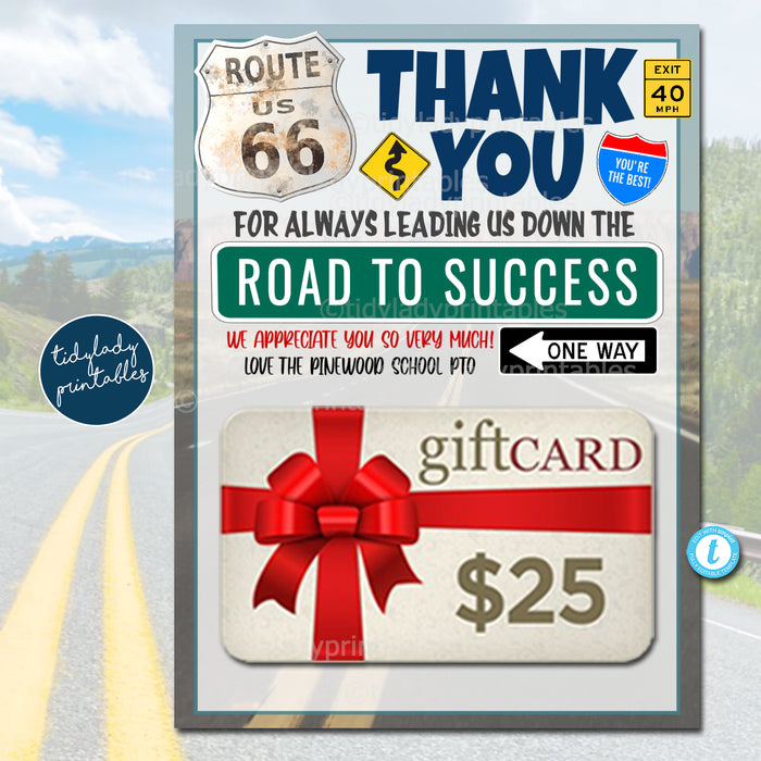 Road Trip Theme Teacher Appreciation Week Printable Gift Card Holder