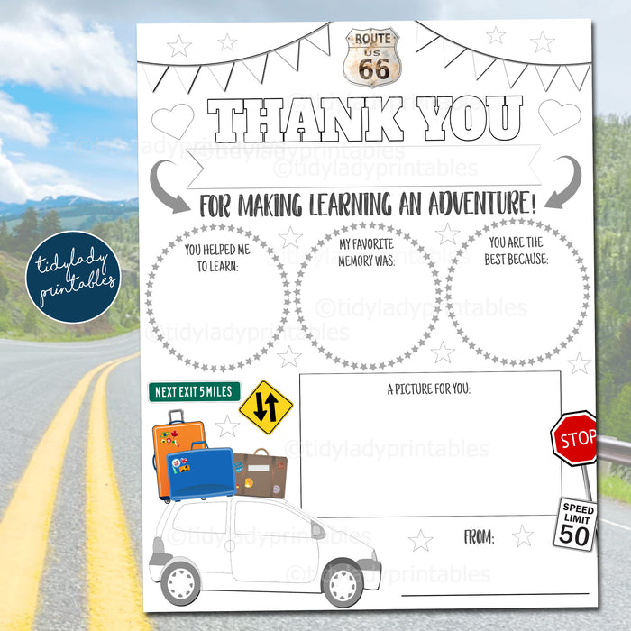 Road Trip Theme Teacher Appreciation Week All About My Teacher Worksheet, Thank You Coloring Page PRINTABLE