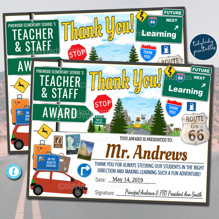Road Trip Theme Teacher Appreciation Printable Award Certificates
