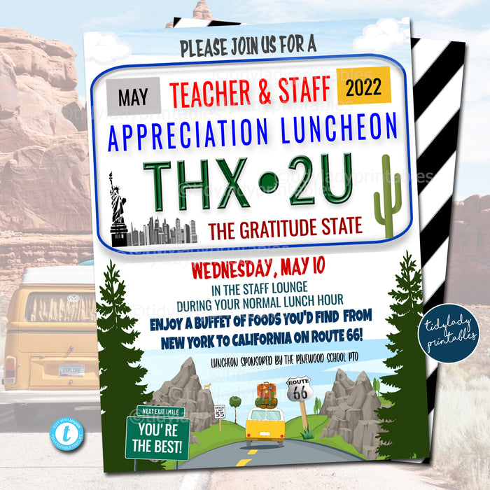 Road Trip Theme Appreciation Luncheon Invite, Teacher Staff Appreciation Week, Thank You Event Printable