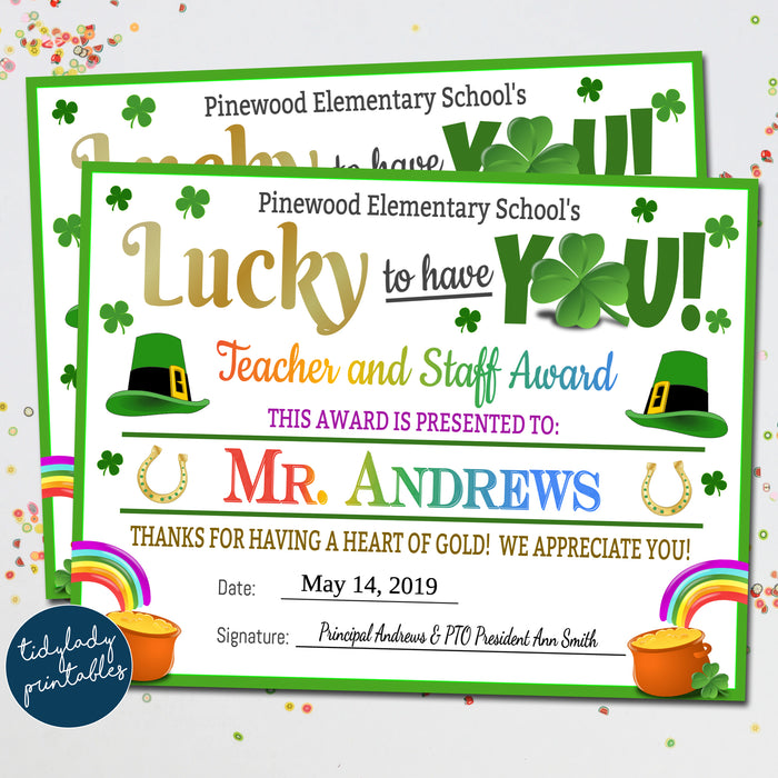 St. Patrick's Day Theme Teacher Appreciation Week Award Certificates