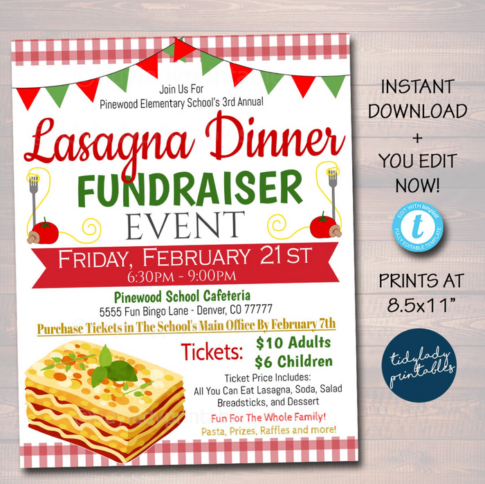 Lasagna Dinner Fundraiser Flyer, Church Community School Benefit Event