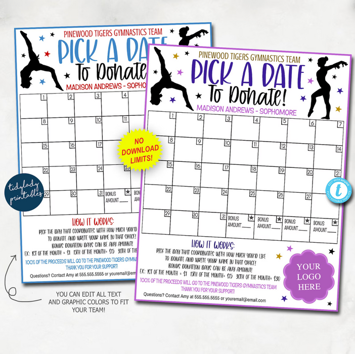 Gymnastics Pick a Date to Donate Printable, Gymnast Team Fundraiser