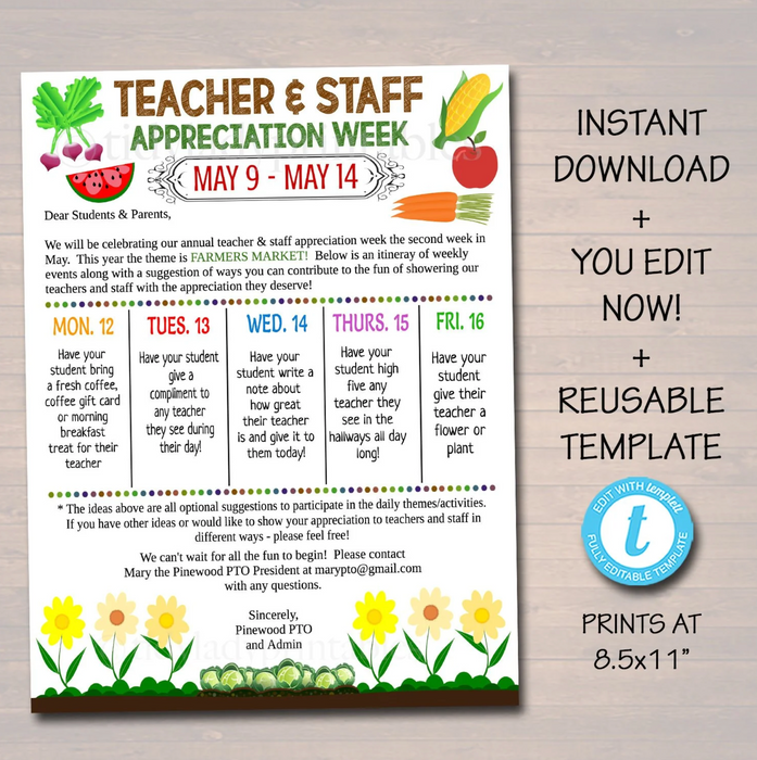 Farmers Market Theme Teacher Appreciation Week Printable Party Set