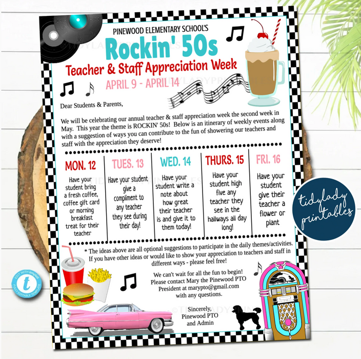 1950s Theme Teacher Appreciation Week Printable Party Set