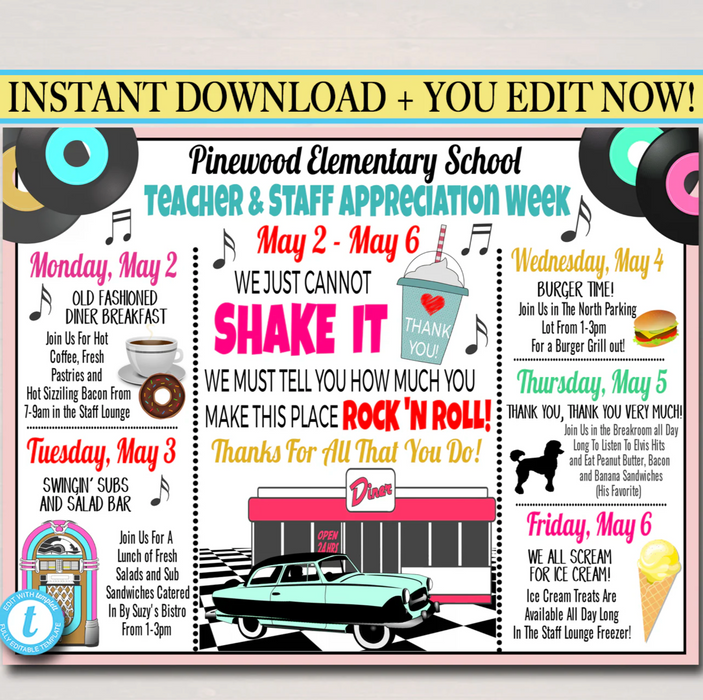 1950s Theme Teacher Appreciation Week Printable Party Set