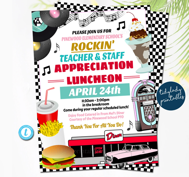 1950s Theme Teacher Appreciation Week Printable Party Set