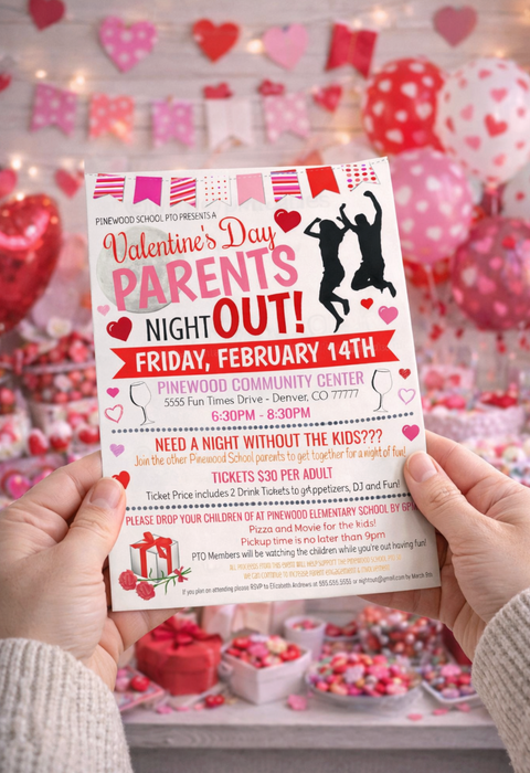 EDITABLE Valentine's Day Parents Night Out Flyer, Printable PTA, PTO, School Family Fundraiser Event, Community Center Church Digital Invite