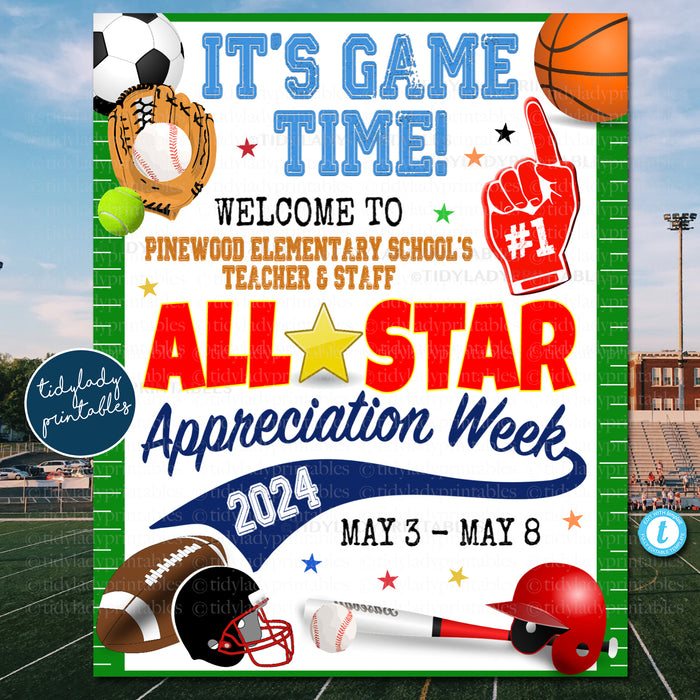 All Star Sports Theme Teacher Staff Appreciation Week Welcome Sign Template