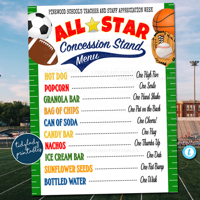 All Star Sports Theme Teacher Appreciation Week Concession Stand Menu Printable