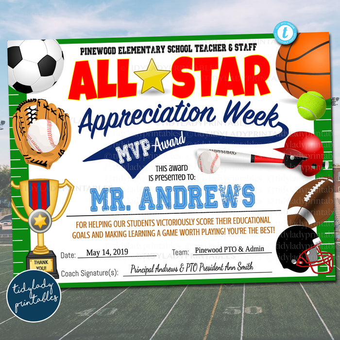 All Star Sports Theme Theme Teacher Appreciation Week Award Certificates