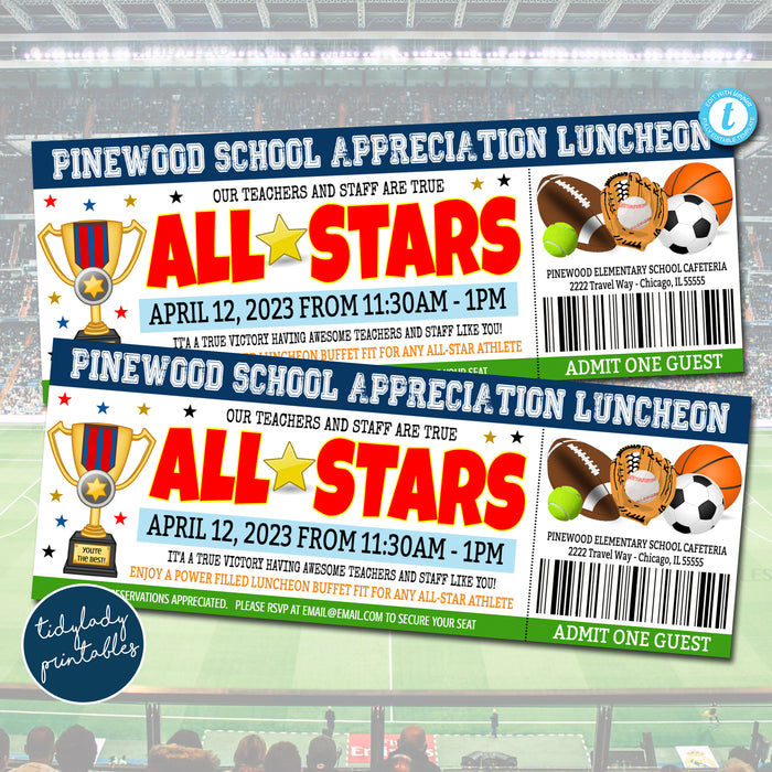 All Star Sports Theme Teacher Appreciation Week Luncheon Ticket Invitation, Printable Template