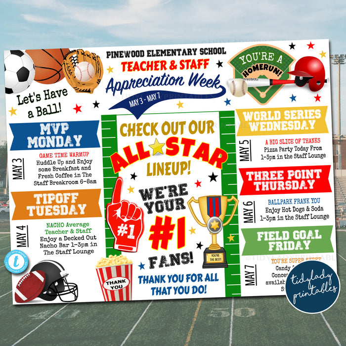 All Star Sports Theme Teacher Staff Appreciation Week Itinerary Poster, Thank You Schedule of Events EDITABLE TEMPLATE