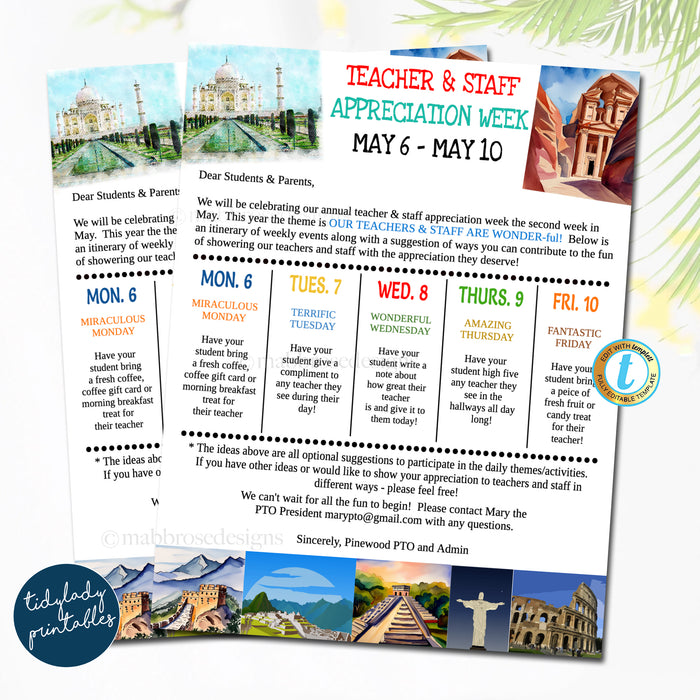 7 Wonders of the World Theme Teacher Appreciation Week Take Home Itinerary Printable EDITABLE TEMPLATE