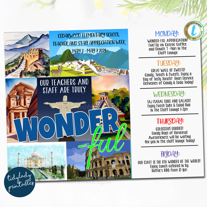 7 Wonders of the World Theme Teacher Appreciation Week Itinerary Printable EDITABLE TEMPLATE