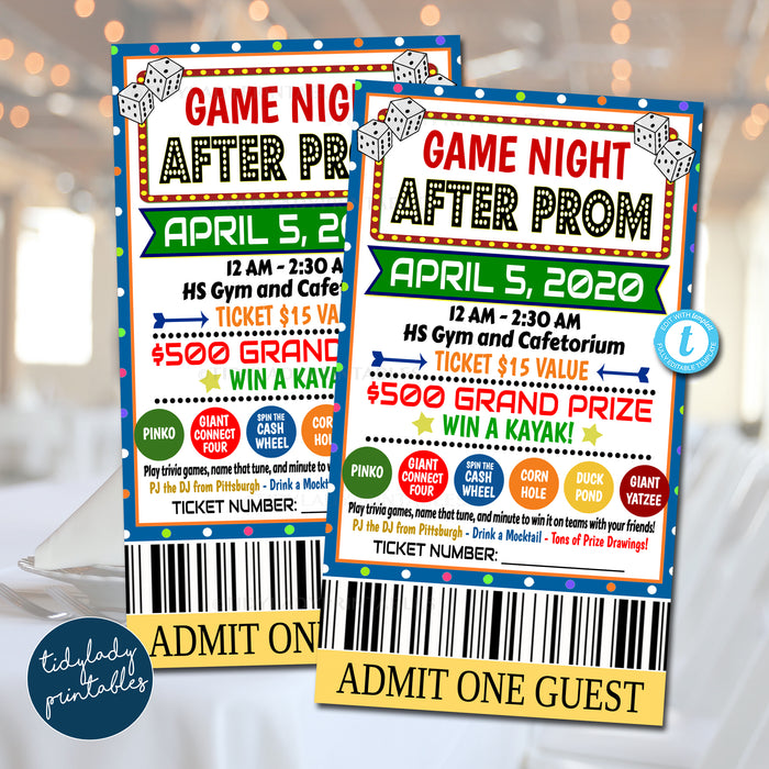 After Prom Game Night Flyer Ticket Punchcard Set School Event Party Template Set