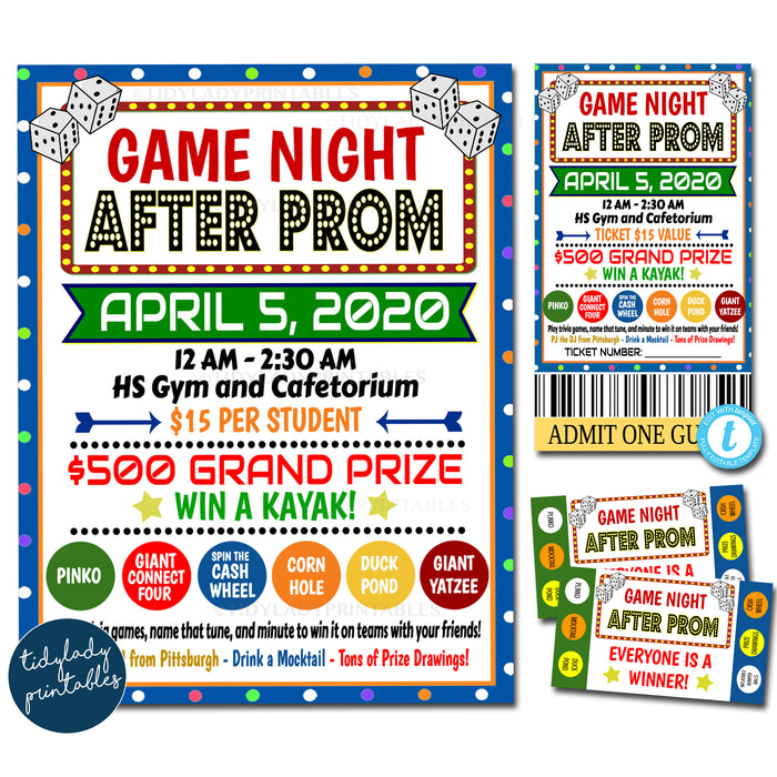 After Prom Game Night Flyer Ticket Punchcard Set School Event Party Template Set