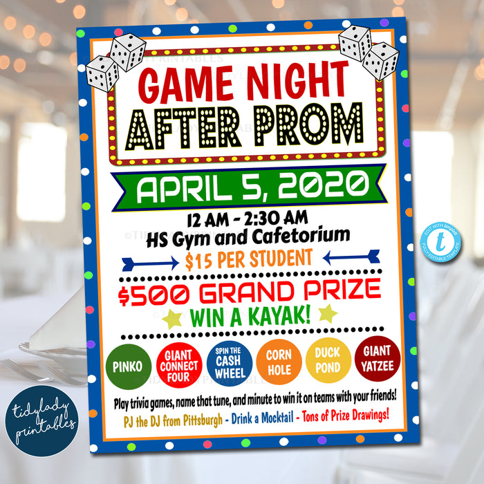 After Prom Game Night Flyer Ticket Punchcard Set School Event Party Template Set