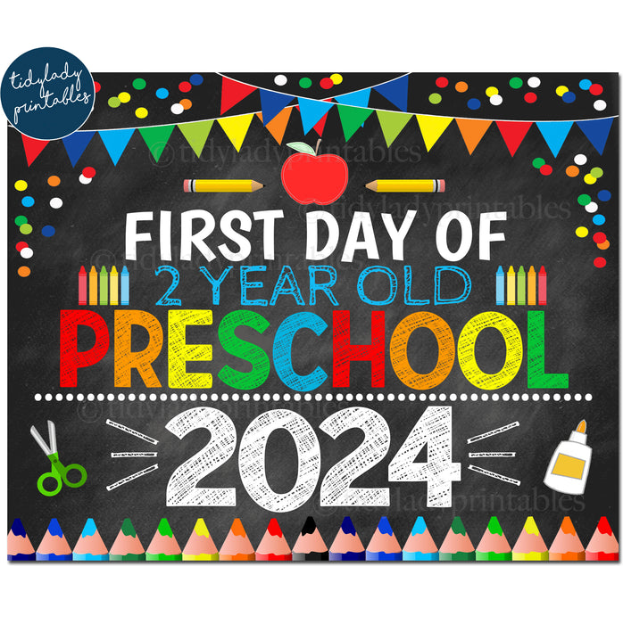 First Day of Two Year Old Preschool 2024, Printable Back to School Chalkboard Sign, Primary Colors Boy Confetti, Digital Instant Download