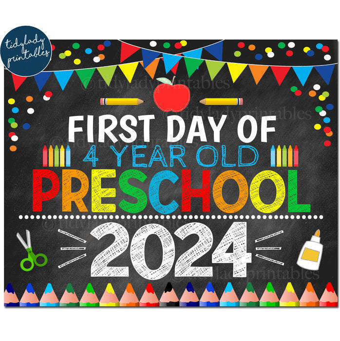 First Day of Four Year Old Preschool 2024, Printable Back to School Chalkboard Sign, Primary Colors Boy Confetti, Digital Instant Download