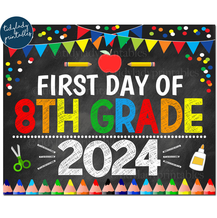 First Day of Eighth Grade 2024, Printable Back to School Chalkboard Sign, Primary Colors Boy Confetti, 8th Grade Digital Instant Download