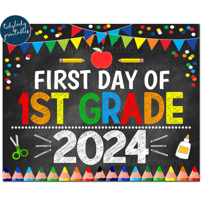 First Day of First Grade 2024, Printable Back to School Chalkboard Sign, Primary Colors Boy Confetti, 1st Grade Digital Instant Download