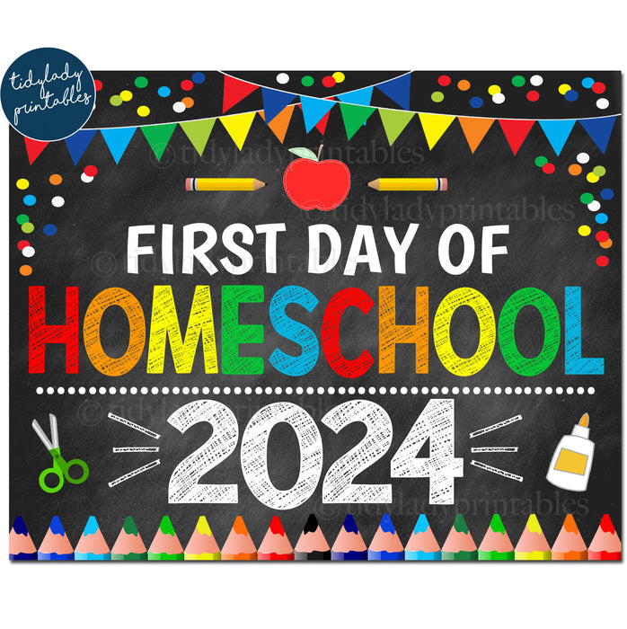 First Day of Homeschool 2024, Printable Back to School Chalkboard Sign, Primary Colors Boy Banner Confetti, Digital Instant Download