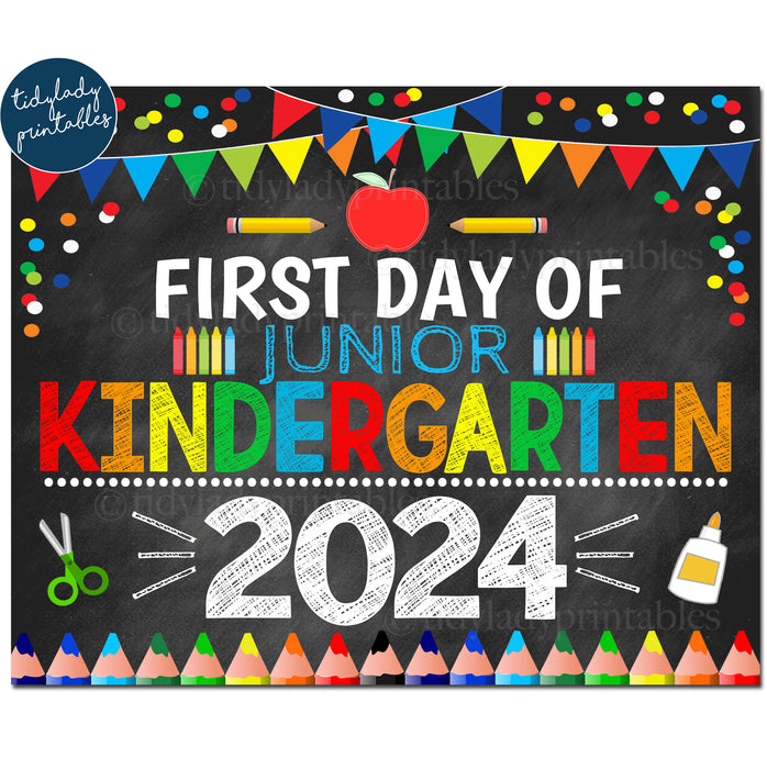 First Day of Junior Kindergarten 2024, Printable Back to School Chalkboard Sign, Primary Colors Boy Banner Confetti Digital Instant Download