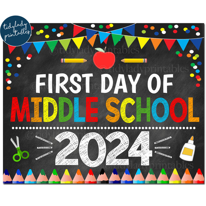 First Day of Middle School 2024, Printable Back to School Chalkboard Sign, Primary Colors Boy Banner Confetti, Digital Instant Download