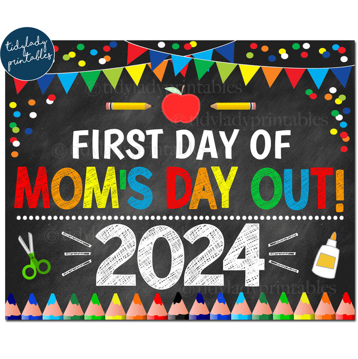 First Day of Mom's Day Out 2024, Printable Back to School Chalkboard Sign, Primary Colors Boy Banner Confetti, Digital Instant Download