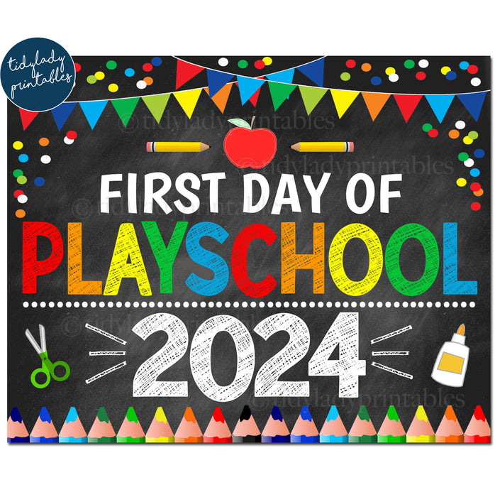 First Day of PlaySchool 2024, Printable Back to School Chalkboard Sign, Primary Colors Boy Banner Confetti, Digital Instant Download