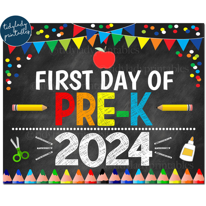 First Day of PRE-K 2024, Printable Back to School Chalkboard Sign, Primary Colors Boy Banner Confetti Digital Instant Download