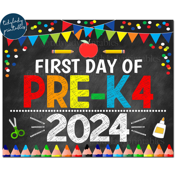 First Day of PRE-K4 2024, Printable Back to School Chalkboard Sign, Primary Colors Boy Banner Confetti Digital Instant Download