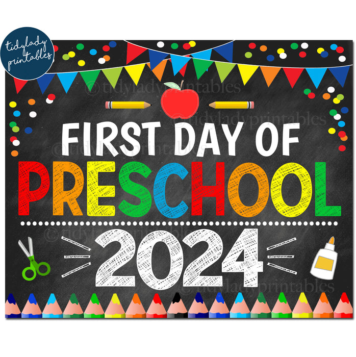 First Day of Preschool 2023, Printable Back to School Chalkboard Sign, Primary Colors Boy Banner Confetti Digital Instant Download
