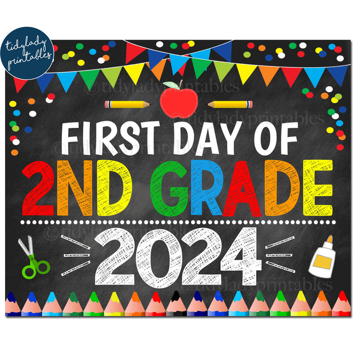 First Day of Second Grade 2024, Printable Back to School Chalkboard Sign, Primary Colors Boy Confetti, 2nd Grade Digital Instant Download