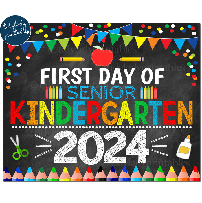First Day of Senior Kindergarten 2024, Printable Back to School Chalkboard Sign, Primary Colors Boy Banner Confetti Digital Instant Download
