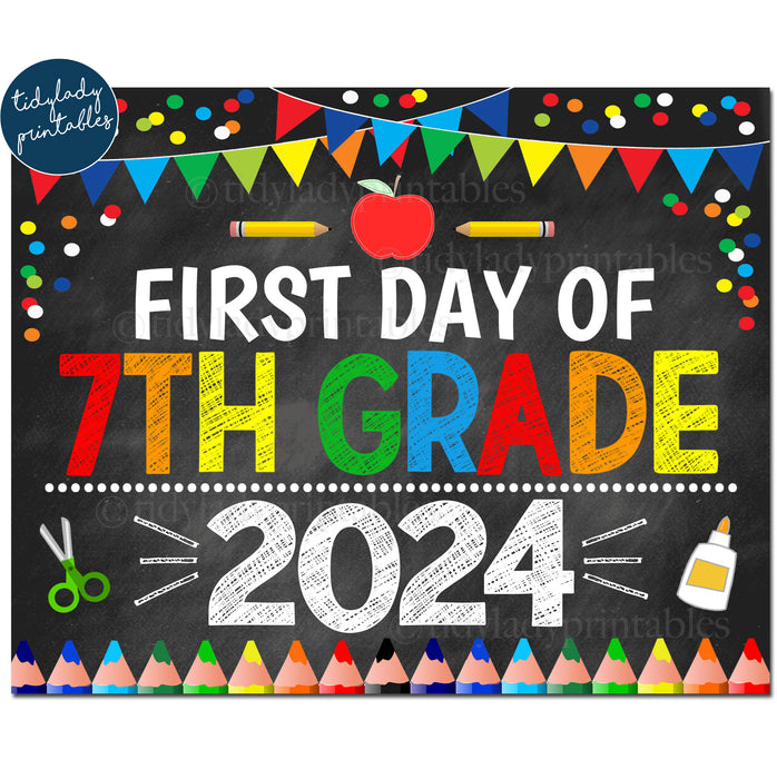 First Day of Seventh Grade 2024, Printable Back to School Chalkboard Sign, Primary Colors Boy Confetti, 7th Grade Digital Instant Download
