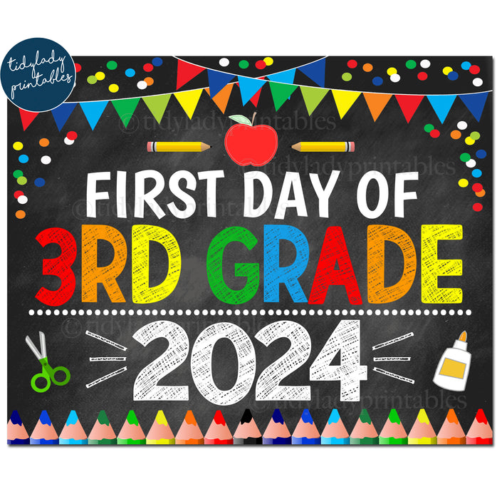 First Day of Third Grade 2024, Printable Back to School Chalkboard Sign, Primary Colors Boy Confetti, 3rd Grade Digital Instant Download