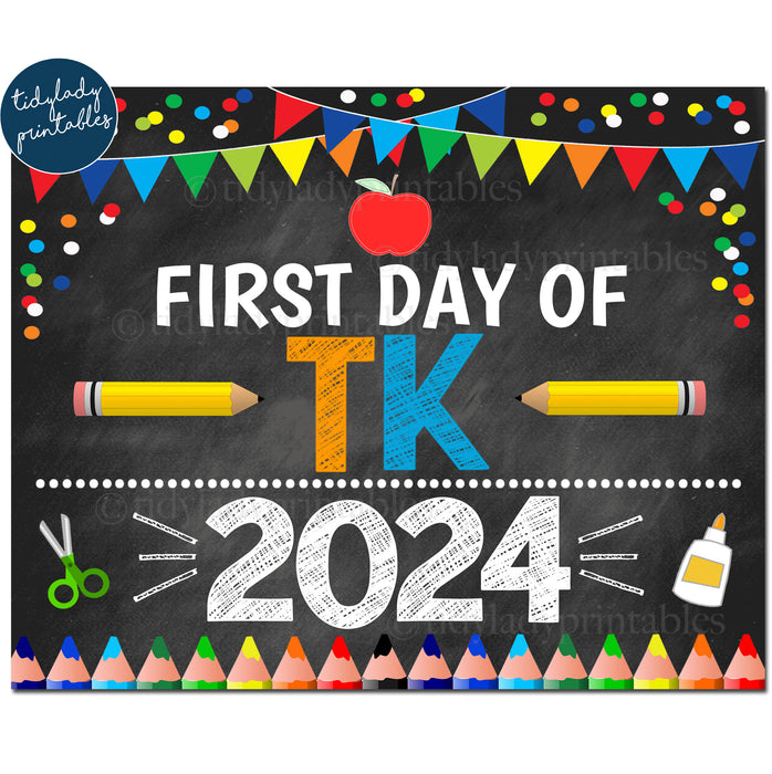 First Day of Transitional Kindergarten 2024, Printable Back to School Chalkboard Sign, Primary Colors Boy Confetti, Digital Instant Download