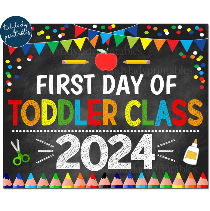 First Day of Toddler Class 2024, Printable Back to School Chalkboard Sign, Primary Colors Boy Banner Confetti, Digital Instant Download