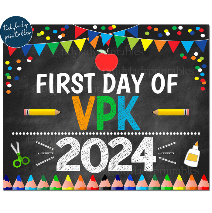 First Day of VPK 2024, Printable Back to School Chalkboard Sign, Primary Colors Boy Banner Confetti Digital Instant Download