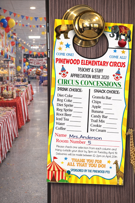 Circus Theme Teacher Appreciation Week Printable Room Service Door Hangers